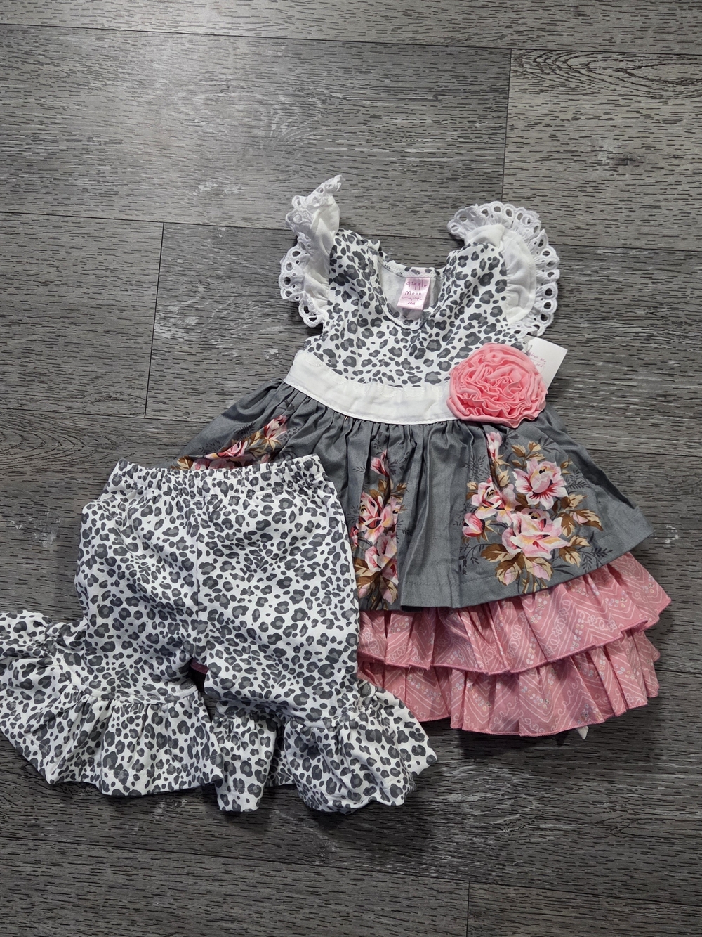 Giggle Moon Pink & Gray Floral Leopard Ruffle Dress with Bloomer